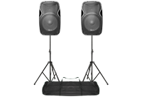 An active DJ speaker package comprising of two powered DJ speakers, cables, microphones, two speaker stands and a mic stand