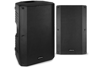 A pair of active DJ speakers also known as powered DJ speakers complete with black metal speaker grill.