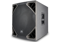Active DJ Subwoofer with black metal grille and side carry handles and rubber coating.