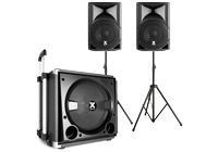 An active speaker PA kit complete with two powered speakers, a pair of speaker stands and carrying bags.