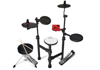 A beginner electronic drum kit complete with various pads, stool, pedal and adjustable drum stand.