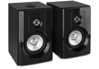 A pair of bookshelf speakers with 4 inch woofer and a 1 inch tweeter.