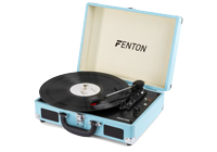 A light blue suitcase record player with built in speakers on the top of a carry handle.