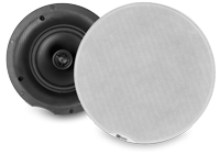 A ceiling speaker system with two small ceiling speakers, with and without a white ceiling speaker grille.
