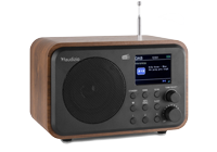 DAB Radio with wood effect housing featuring a single bluetooth digital radio speaker, TFT display and extendable aerial.