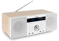 White and wood effect DAB radio with CD player and two integrated speakers.