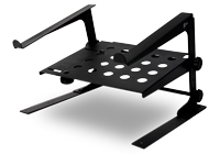 A universal DJ laptop stand, foldable with additional tray and finished in black.