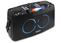 An all-in-one DJ setup for kids with light-up speakers and carry handle.