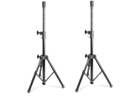 A pair of DJ speaker stands with folding tripod legs.