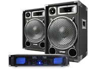 A matching pair of DJ Speakers and Amp with blue LED front illumination.