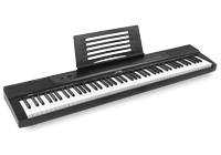 A digital piano with 88 keys and tablet or music sheet stand.