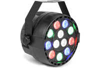 A multicolour LED Disco Light for the home with mounting bracket and black casing.