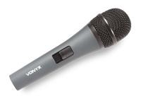 Wired handheld dynamic microphone with grey body, black metal pop shield and sliding power switch