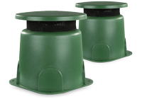 Two green outdoor speakers also often referred to as weatherproof speakers.