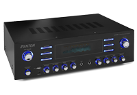 5-channel home amplifier with illuminated chrome volume and sound level controls.