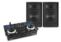 A home DJ setup comprising of a pair passive DJ speakers and a CDJ mixer / media system.