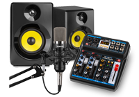 Home studio kit with yellow cone studio monitor speakers, studio microphone and a 4-channel mixer
