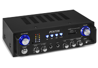 A 100w Karaoke amplifier with blue illuminated volume controls and chrome level and karaoke amp sound controls.