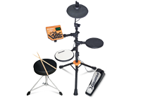 Kids electronic drum kit complete with stand, snare pad, cymbal / hit-hat, adjustable drum stand, stool and accessories.