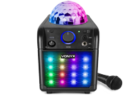 A kids Karaoke Machine with light up LED speakers and jelly ball dancing lights on top complete with a karaoke microphone.