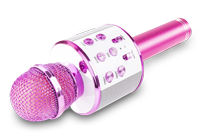 A pink karaoke microphone with built in speaker and built-in controls.