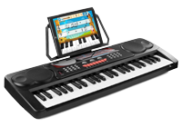 A childrens keyboard piano with 49 keys, built in speakers and various control buttons along with a tablet / music sheet holder.