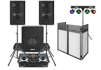A full DJ setup including passive speakers, subwoofer, CDJ mixer, DJ lights and dj stand for a mobile dj setup.