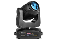 Moving head lights with a blue lens, rotational mechanism and DMX connectivity.