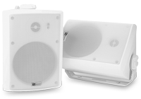 Two white wall mounted speakers with woofer and tweeter in a white speaker housing with adjustable mounting bracket.