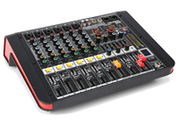 A desktop PA Mixer with a variety of sound level control switches and slides.