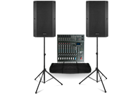 A PA system for bands comprising of two PA speakers on stands and a PA mixer unit.
