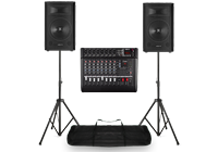 PA System comprising of two active pa speakers on tripod stands with carry bag and a 10 channel pa mixer.