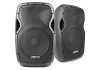 A pair of passive DJ speakers in a black ABS cabinet with a mid-low woofer and dynamic horn driver.