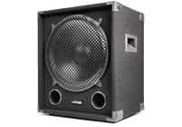 A passive DJ subwoofer covered in acoustic carpet with protective speaker grill, protected corners and recessed carry handles.