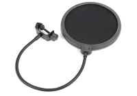A microphone pop filter and clip width flexible gooseneck for adjustment.