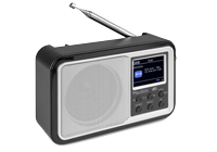 A portable DAB radio with LCD screen mounted in a stylish black case with adjustable aerial.