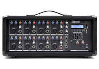 An 8-channel powered PA mixer in a sturdy case with top mounted carry handle.