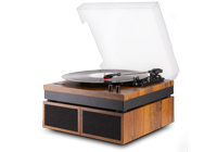 Record player with speakers housed in a medium brown wooden casing with clear dust lid.