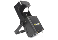 A LED GOBO Scanner Light contained in black durable plastic housing with scanner light mounting bracket.