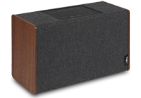 A retro smart speakers with wood effect body, grey acoustic carpet and touchscreen control panel on the top.