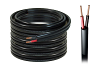 Red and black speaker cables with black insulating sheath in a roll.