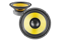 A pair of bass drivers with yellow speaker cones.
