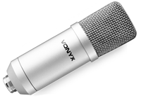 A silver coloured studio microphone