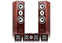Walnut surround sound speakers package comprising of two tower speakers, two satellite speakers and a center speaker.