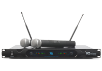 A wireless microphone system with two UHF wireless mics and a wireless microphone receiver unit with two antennas.