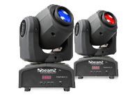 A pair of stage lighting lights consisting of one blue and one red moving head LED lights.