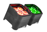 An event lighting package of two LED par uplighters in red and green.
