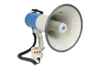 A blue and white loudhailer megaphone with handheld microphone on extendable cable.