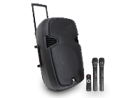 Portable PA system with two carry handles, remote control and two UHF wireless microphones.