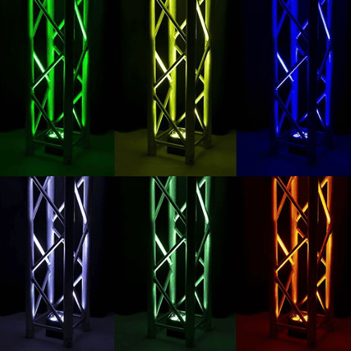 Wireless uplighter lighting up truss podium stand